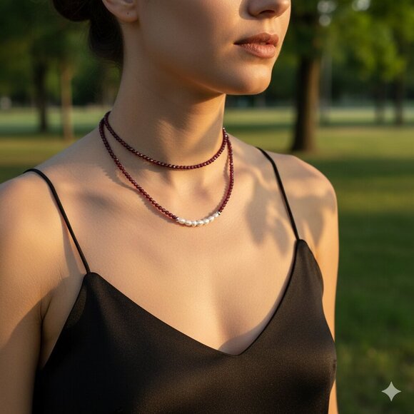 Natural Garnet & Fresh Water Pearl Necklace - Picture 2 of 2